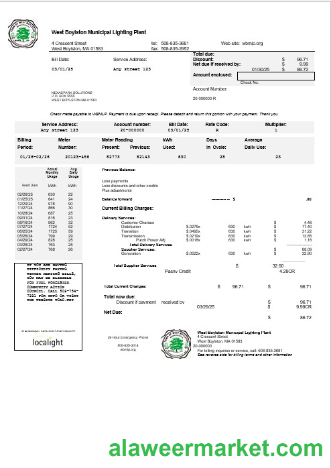 USA West Boylston business utility bill template in Word and PDF formats